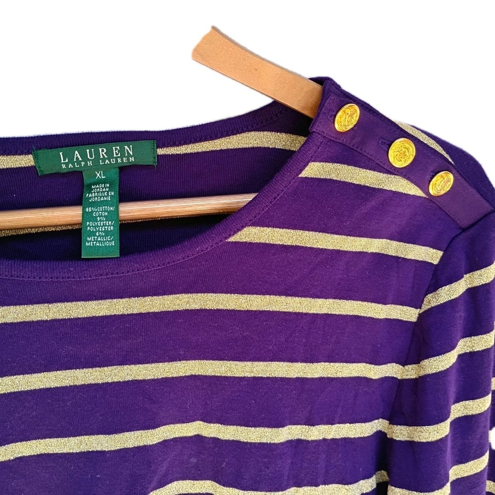 Lauren Ralph Lauren Purple Gold Glitter Striped Button Shoulder Top XL AB-18